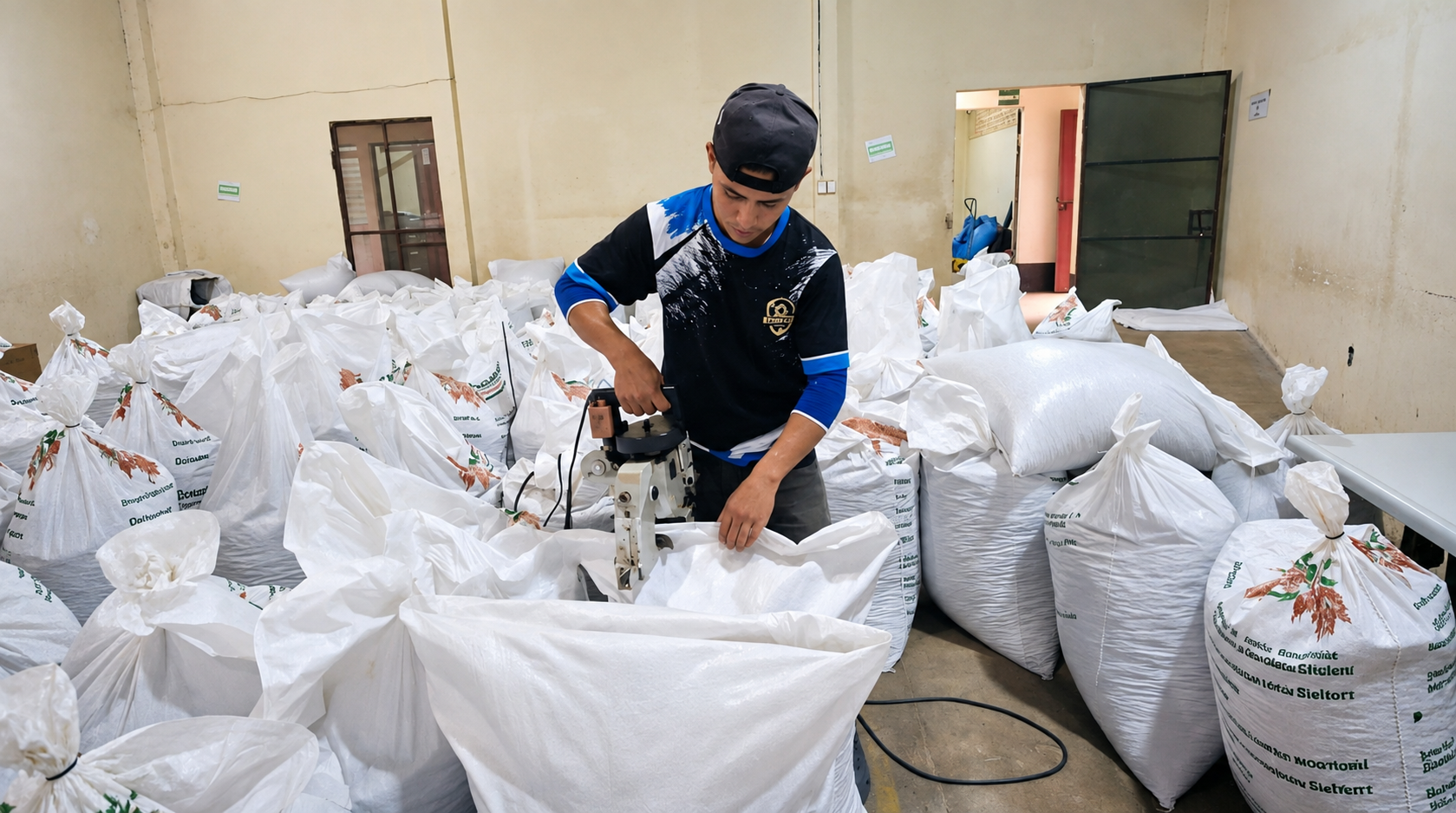 Trabajador cosiendo sacos de cacao para su comercialización