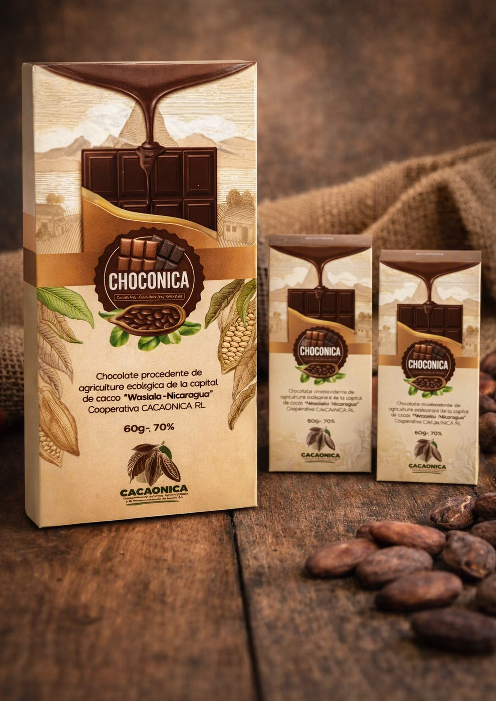 Producto Choconica: barra de chocolate 70% cacao en su empaque, junto a granos de cacao
